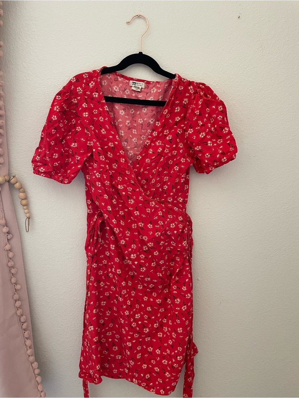 Billabong Red Floral Wrap Dress with Puff Sleeves